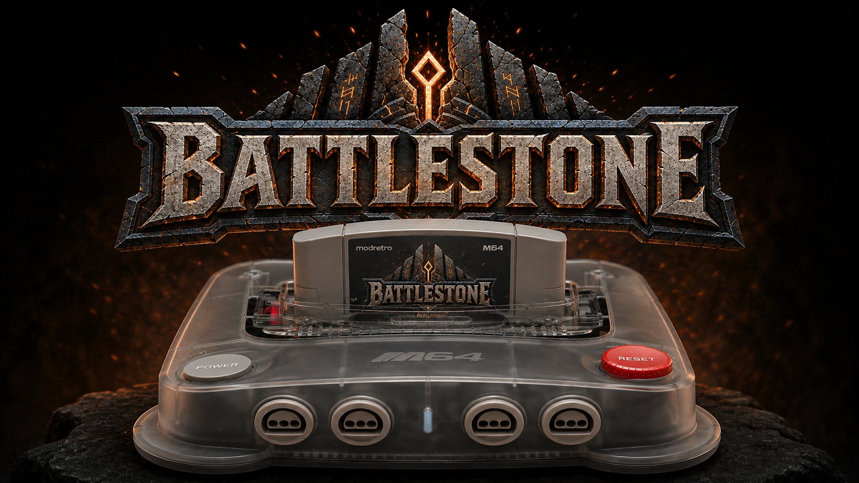 The Battlestone logo above a Modretro M64 with a Battlestone cartridge